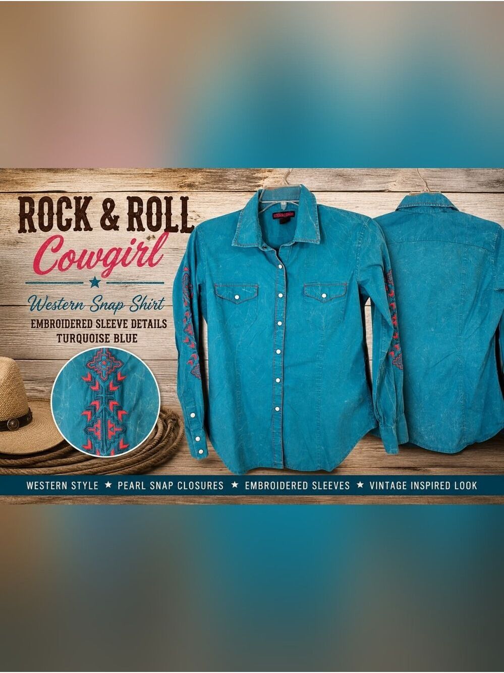Rock & Roll Cowgirl Turquoise Western Snap Shirt Embroidered Rodeo Festival